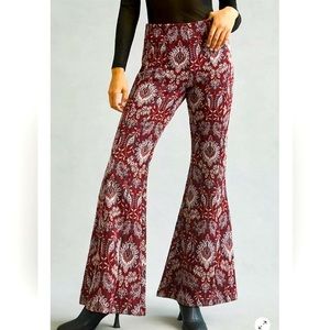 Anthropologie Jacquard Tapestry Flare Bell Bottoms Damsk Burgundy Navy Pants